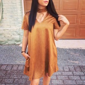 Suede camel choker dress WITH POCKETS!